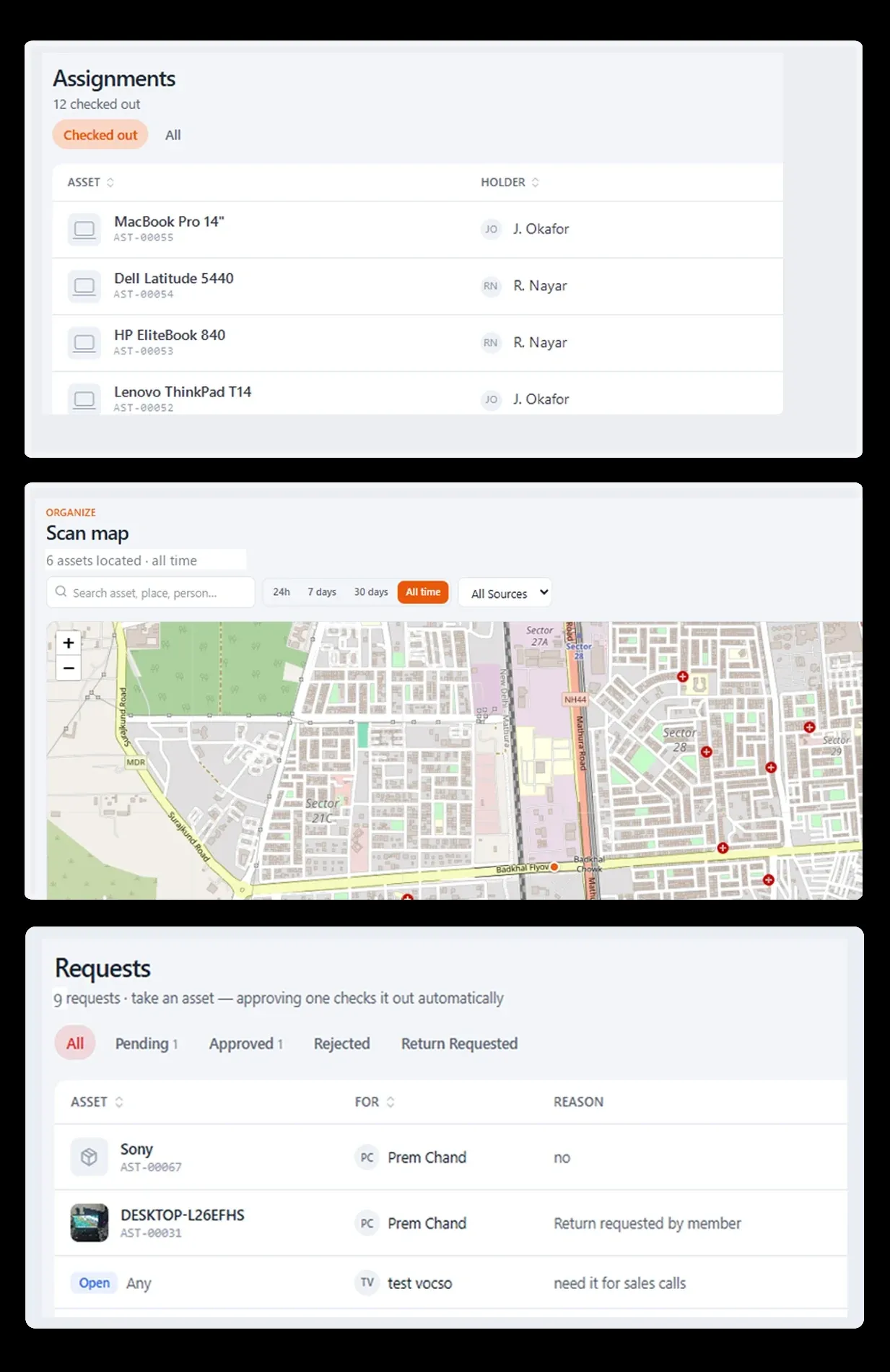 The Stackroom asset register, showing assets with their holder, condition, warranty and status