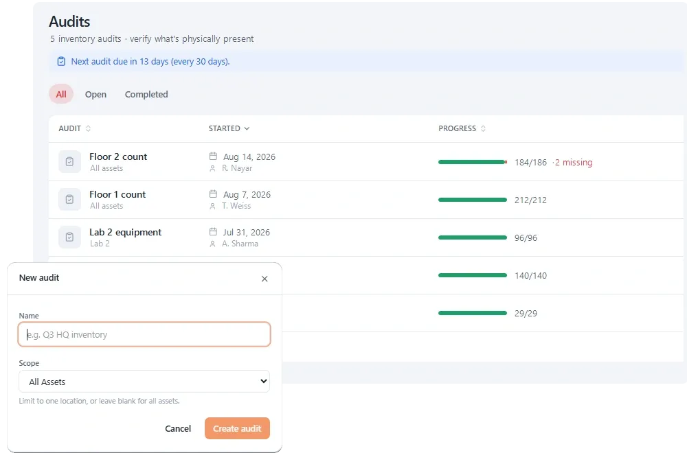 Stackroom audits list showing cycle counts by scope with verification progress and missing counts