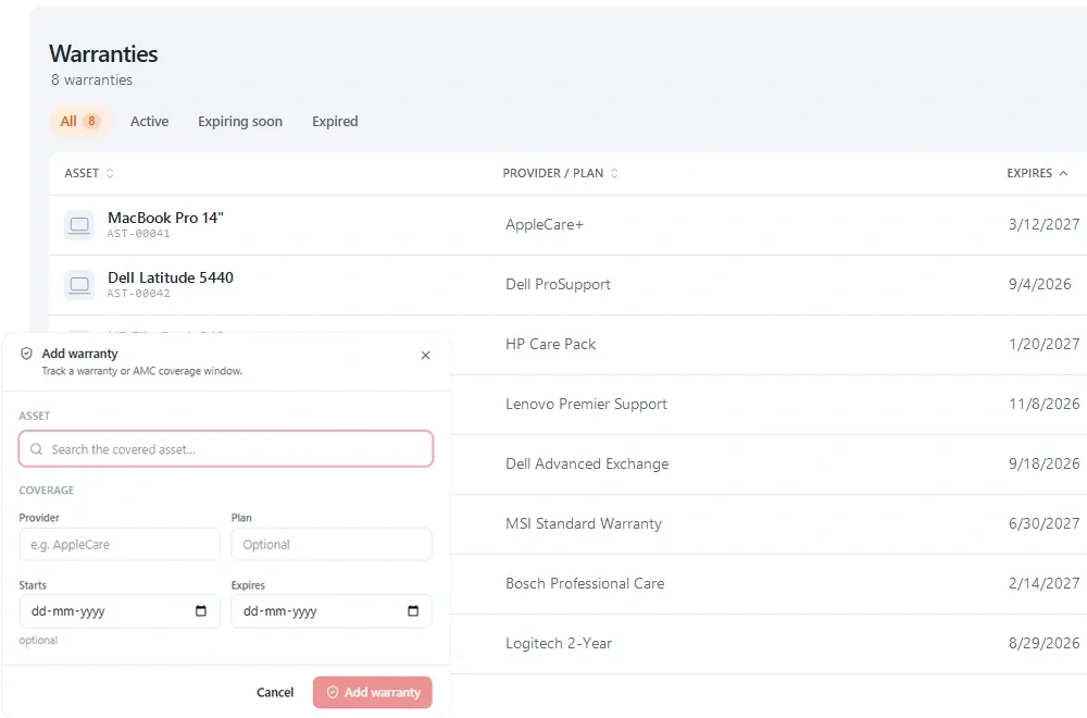 Stackroom service and cover view showing warranty, AMC and CMC contracts with renewal dates